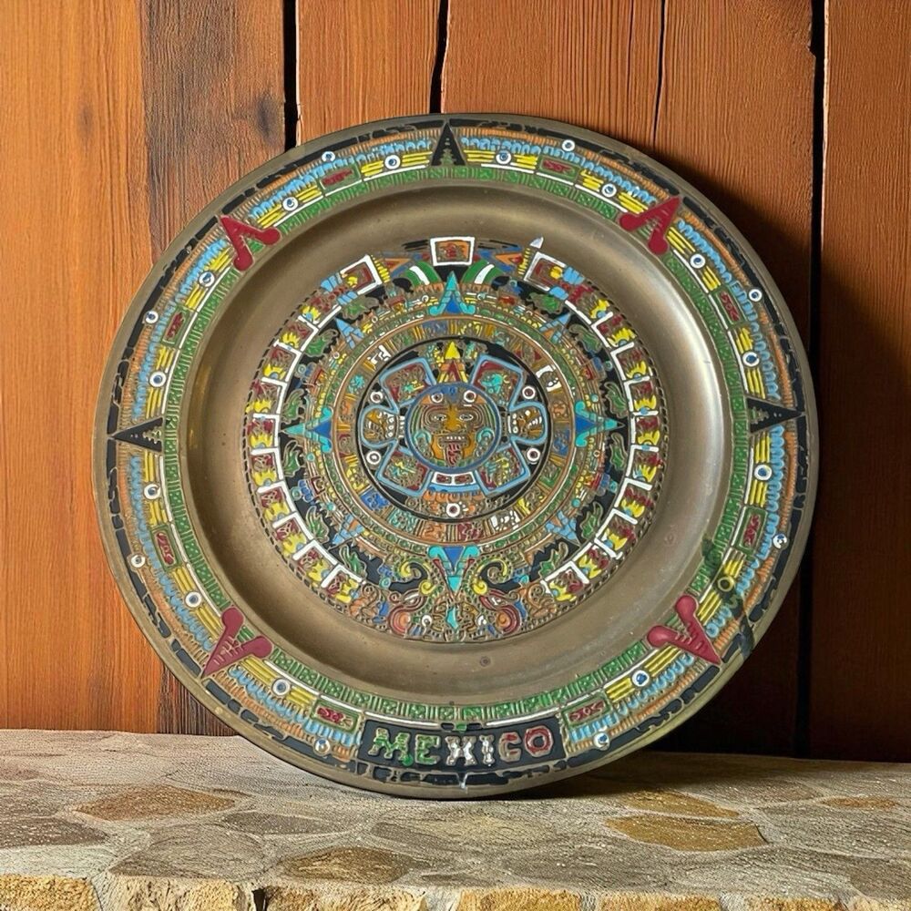 Vintage Mexican Mayan Aztec Brass Enamel Calendar Wall Hanging Plate Mexico 11”